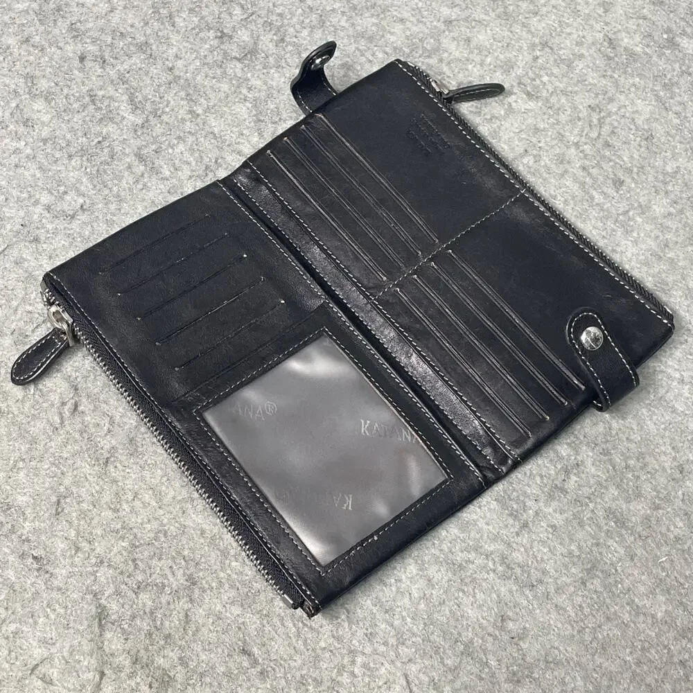 KATANA Large Companion Checkbook Holder Black Leather Wallet Multi Pocket